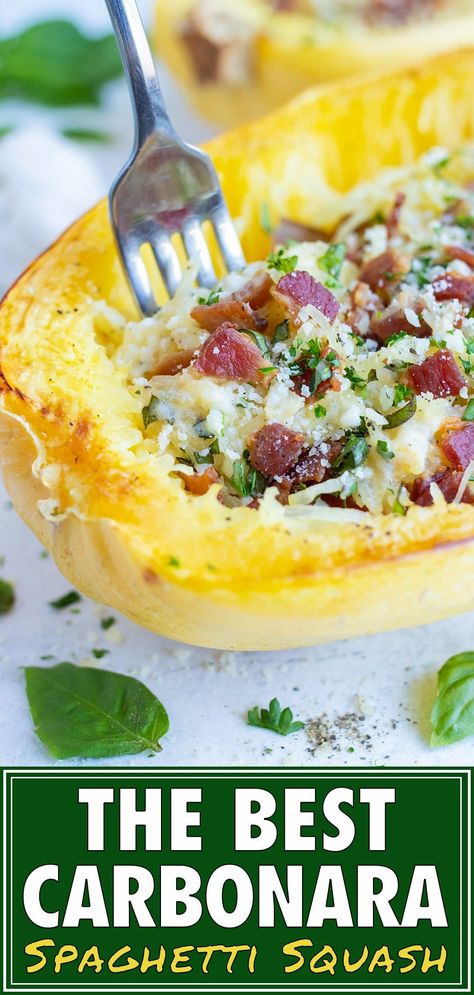 Roasted Spaghetti Squash is filled with a creamy Carbonara egg-based sauce, Parmesan cheese, and then topped with crispy bacon and fresh basil. You won't even miss the pasta in this easy, low-carb, and keto-diet friendly recipe. Meal prep this healthy Italian dish for busy weeknights and have it ready to enjoy for dinner or lunch! #carbonara #spaghettisquash #squash #lowcarb #keto Healthy Dinner Party Recipes, Spaghetti Squash Carbonara, Squash Carbonara, Creamy Carbonara, Roasted Spaghetti Squash, Garlic Steak, Cooking Spaghetti, Baked Spaghetti Squash, School Recipes