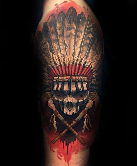 Awesome Indian Skull Mens Half Sleeve Tattoo Ideas With Native American Design Indian Chief Tattoo, Indian Skull Tattoos, Headdress Tattoo, Tattoos Pinterest, Native American Tattoos, Native Tattoos, Indian Skull, Full Sleeve Tattoo Design, Tattoo Henna