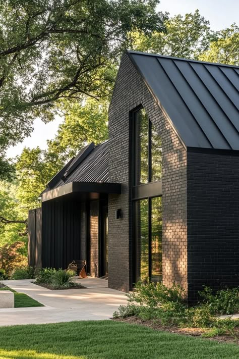 Black Metal Roof Black House, Modern House Brick Exterior, Dutch Architecture Modern, Cottage Barndominium Ideas, Cold Climate House Design, Charcoal Brick House, Scandinavian Barndominium, Black And Brick House Exterior, Black Painted Brick Exterior