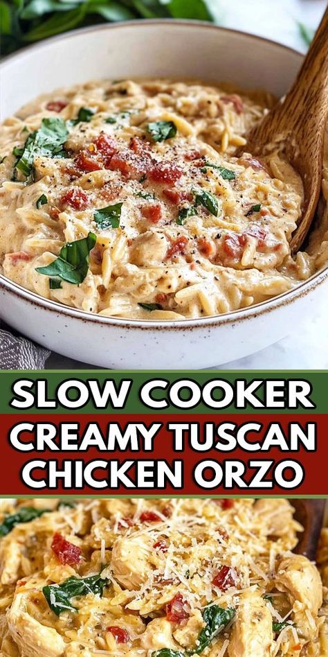 Slow Cooker Creamy Tuscan Chicken Orzo Ingredients: 2 boneless, skinless chicken breasts (cut into small cubes) 1 teaspoon Italian seasoning ¼ teaspoon red pepper flakes Salt and pepper (to taste) 4 cloves garlic (minced) 1 small onion (diced) 1 cup sun-dried tomatoes (chopped, not in oil) ½ cup chicken broth (low sodium) 1 cup heavy cream 1 cup fresh spinach (roughly chopped) 1 cup orzo pasta 1 cup Parmesan cheese (grated) #Creamytuscan #ChickenOrzo #Quickrecipe Tuscan Chicken Orzo, Orzo Easy, Creamy Orzo Recipes, Chicken Orzo Pasta, Creamy Orzo Pasta, Italian Chicken Soup, Creamy Parmesan Chicken, Creamy Crockpot Chicken, Italian Chicken Crockpot