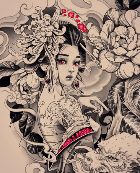 Tato Geisha, Japanese Geisha Tattoo, Geisha Tattoos, Tato Tradisional, Geisha Tattoo Design, Samurai Tattoo Design, Geisha Tattoo, Japanese Dragon Tattoos, Japan Tattoo Design