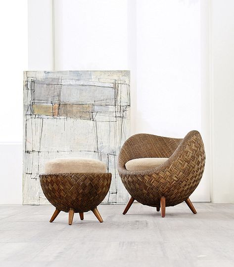 Designed by Kenneth Cobonpue for Modern Interiors, the La Luna chair and ottoman -- inspired by the shape of the moon in the night sky --  are crafted from jute and rattan.  You can enjoy them on your patio or pool deck (Ck to see if ithat's true.  from: Trendir) ] Kenneth Cobonpue, Rattan Armchair, Balcony Furniture, Wicker Chairs, Rattan Chair, Rattan Furniture, Wicker Furniture, Natural Living, Interior Furniture