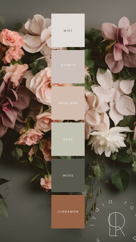 Color Palette For Flower Shop, Boutique Color Palette Ideas, Slate Blue Palette, Nature Wedding Colors Palette, Floral Color Palette Colour Schemes, Autumn Wedding Colour Palette, Color Palette For Business, Earth Tone Logo, Branding Colors Palette