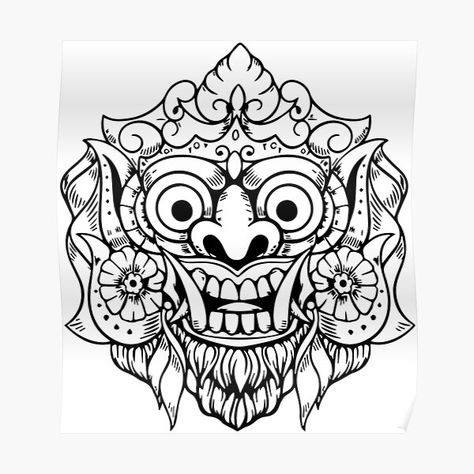 "Barong, Bali Demon Mask" by Daily Merch | Redbubble Rangda Bali Art, Jaguar Reference, Barong Art, Bali Drawing, Bali Illustration, Bali Mask, Barong Bali, Animal Stencil Art, Balinese Style