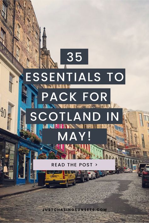 Planning a trip to Scotland in May? Make sure you're prepared with the ultimate Scotland packing list. With this Scotland packing list for May, you'll have everything you need for all of the activities on your Scotland itinerary. This packing list for Scotland makes sure you know what to wear in Scotland in May. You'll have all of my top solo travel essentials and Scotland packing essentials with this post! Things To Pack For Scotland, Capsule Wardrobe Scotland Spring, Scotland Carry On Packing, Travel To Scotland Packing Lists, What To Pack For Scotland In Spring, Scotland Travel Outfits Spring, Planning A Trip To Scotland, Scotland Travel Tips, Packing For Scotland In May