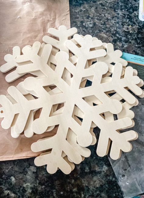 Make Cricut Snowflake Ornaments, Dollar Tree Wood Snowflake, Wooden Snowflake Crafts, Wooden Snowflakes Diy, Neighborhood Christmas Gifts, Wood Snowflake Ornaments, Diy Snowflake Decorations, Diy Snowflakes, Snowflake Ornaments Diy