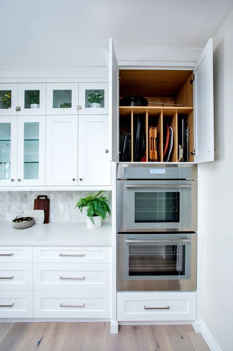 Oven Tray Storage Ideas, Oven Layout In Kitchen, Kitchen Layout With Double Wall Oven, Fridge Oven Stove Same Wall, Above Double Oven Storage, Refrigerator And Wall Oven Side By Side, Above Oven Storage Ideas, Wall Oven Kitchen Design, Build In Oven Kitchen