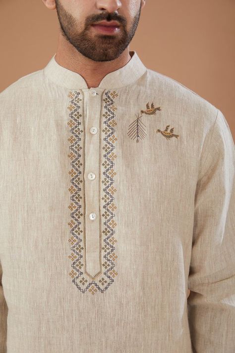 Man Kurta Embroidery Design, Men Kurta Neck Embroidery Designs, Mens Kurta Embroidery Designs, Embroidery Kurta For Men, Panjabi Design, Traditional Indian Mens Clothing, Kurta Designs Men's, Boy Dresses, India Fashion Men