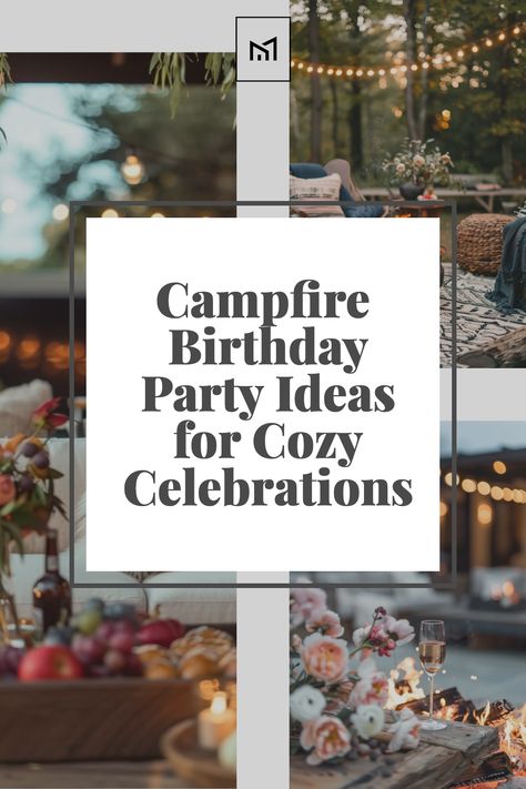 Create a warm and inviting atmosphere for your birthday party with cozy campfire furniture. Arrange comfortable Adirondack chairs and rustic wooden benches around the fire pit for guests to gather and relax. Add plush blankets and oversized floor pillows for extra comfort, and set up small side tables for drinks and snacks. Enhance the ambiance with string lights and lanterns for a magical glow that sets the stage for a memorable celebration under the stars. Fire Pit Birthday Party, Bon Fire Party Ideas For Adults, Bonfire Themed Birthday Party, New Years Bonfire Party, Rv Birthday Party Ideas, Comfy Cozy Party Theme, Cozy Theme Party, Hygge Birthday Party, 30th Birthday Camping Party