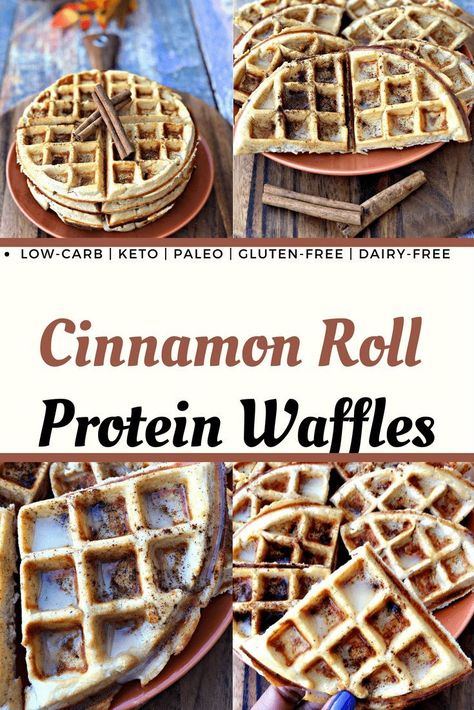 Easy Low-Carb Gluten-Free Cinnamon Roll Protein Waffles is a healthy keto, paleo, dairy-free, recipe that is quick to make using coconut flour and vegan butter. #Paleo #PaleoDiet #DairyFree #DairyFreeRecipes #Vegan #VeganRecipes #Protein #ProteinBreakfast Kodiak Carb Conscious Recipes, Healthy Cinnamon Rolls, Keto Waffles, Thm Breakfast, Cinnamon Roll Waffles, Keto Breakfasts, Waffle Maker Recipes, Protein Baking, Protein Waffles