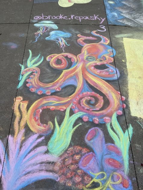 Water Chalk Art, Ocean Sidewalk Chalk Art, Mermaid Sidewalk Chalk Art, Flamingo Chalk Art, Octopus Chalk Art, Chalk Sidewalk Ideas, Fun Chalk Drawings, Chalk On Paper Art, How To Make Sidewalk Chalk Paint