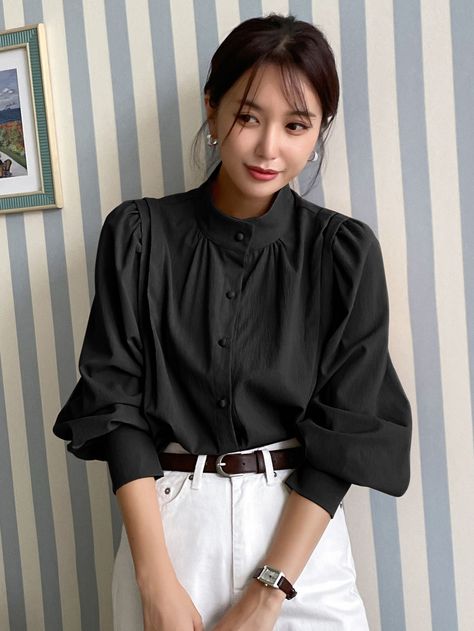 Black Casual Collar Long Sleeve Fabric Plain Shirt Embellished Non-Stretch  Women Clothing Long Sleeve Blouse Outfit, Shirtdress Outfit, Masculine Clothing, Polo Shirt Outfits, Black Button Up Shirt, Wardrobe Consultant, Button Up Shirt Womens, Shirt Dress Outfit, Korean Casual Outfits