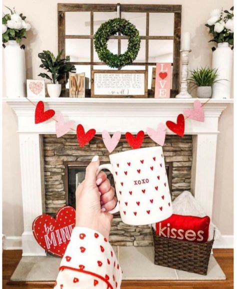 Fireplace Valentine Decor Mantle Ideas, Valentines Decor Mantle, Fireplace Valentine Decor, Coffee Table Valentines Day Decor, Valentines Mantle Decor With Tv, Valentines Decor Living Room, Thrifted Valentines Decor, Heart Bedroom Decor, Valentine Entryway Decor