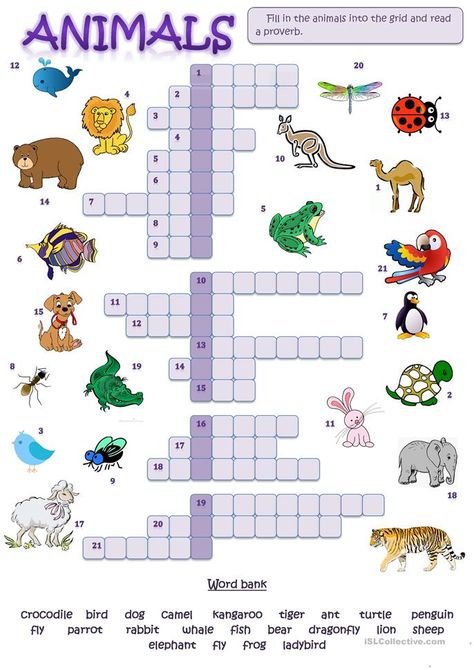 Animal Crossword, Kindergarten Esl, Plants Worksheets, Printable Crossword Puzzles, English Activities For Kids, Animal Worksheets, Tracing Sheets, English Exercises, English Worksheets For Kids