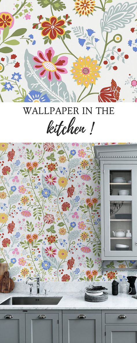 Should you add wallpaper to add in the kitchen ? Yes if it is colourful and fun like this from Sandberg. Wallpaper get steamy and humid - something paper doesn't like, but if you prime then sufficiently you should have no problem even in the high traffic areas. #wallpaper #kitchen #styling #interiorsinspo Bold Kitchen Wallpaper, Kitchens With Wallpaper, Wallpaper Accent Wall Kitchen, Open Kitchen Decor Ideas, Kitchen Wallpaper Ideas Accent Wall, Open Kitchen Decor, Farmhouse Kitchen Wallpaper, Floral Wallpaper Kitchen, Kitchen Wallpaper Accent Wall