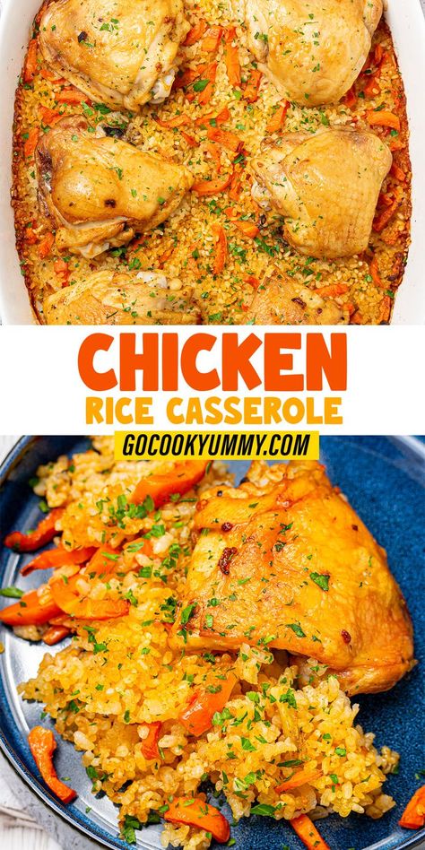 Turn dinner into a dream with this Homestyle Baked Chicken and Rice Casserole. Juicy chicken thighs, aromatic rice, and tender carrots are baked in a flavorful broth, creating a comforting, savory meal that feels like a hug in a dish. With only 10 minutes of prep and the oven doing most of the work, it’s perfect for any night of the week. Enjoy a true taste of home in every bite! Chicken Thighs And Rice Oven, Baked Chicken And Rice Casserole, Chicken Carrots Recipe, Mexican Rice Dishes, Baked Chicken And Rice, Juicy Chicken Thighs, Chicken Rice Bake, Rice Desserts, Chicken And Rice Casserole