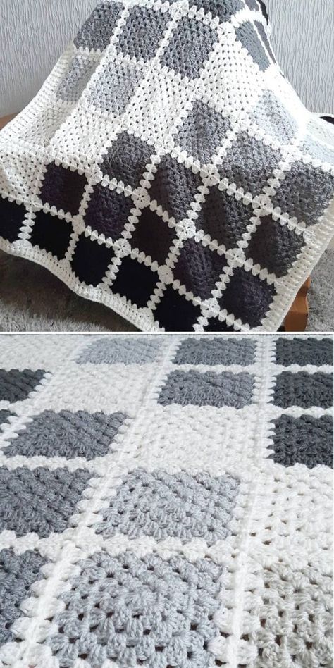 Crochet Grey Yarn, Black And White Afghan Crochet Pattern, Black And White Afghan, Granny Square Blanket Pattern, Black White Crochet, Mosaic Blanket, Crochet Baby Blanket Tutorial, Black And White Crochet, Crochet Throws