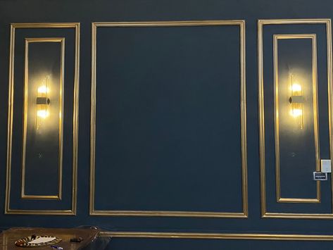 Gold Wall Trim Ideas, Gold Moulding On Walls, Art Deco Wall Molding, Gold Baseboards, Golden Wall Design, Gold Trim Walls Moldings, Blue And Gold Accent Wall, Gold Trim Walls, Wall Panel Ideas