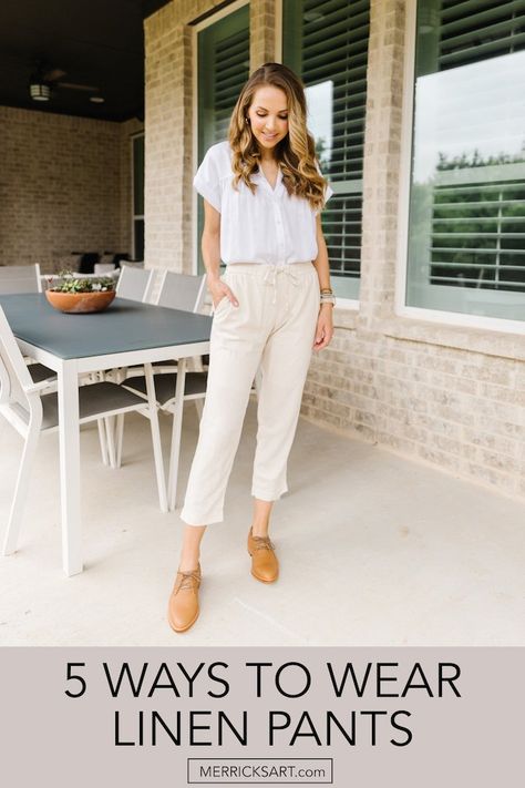 5 linen pants outfit ideas (from the beach to the office, and in between) Linen Pant Outfits Work, Cream Linen Pants Outfit Casual, Ways To Wear Linen Pants, Crop Linen Pants Outfit, Crop Pants Outfit Summer, Spring Linen Pants Outfit, Womens Linen Pants Outfit Summer, Linen Cropped Pants Outfits, Linen Pants Women Outfit