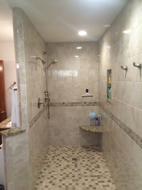 Luxurious Walk-in Shower with No Door - Transitional - Bathroom - Columbus - by Bathroom and Kitchen Services, LLC | Houzz Showers Without Doors Stone, Small Bathroom Ideas Remodel Walk In Shower No Glass Doors, Bathroom Shower No Door, No Door Shower Ideas Walk In Master Bath, Tile Shower No Door, 4x6 Walk In Shower Ideas, Master Shower Ideas Walk In No Door, Walk In Showers No Doors, Walk In Shower With Wall No Door