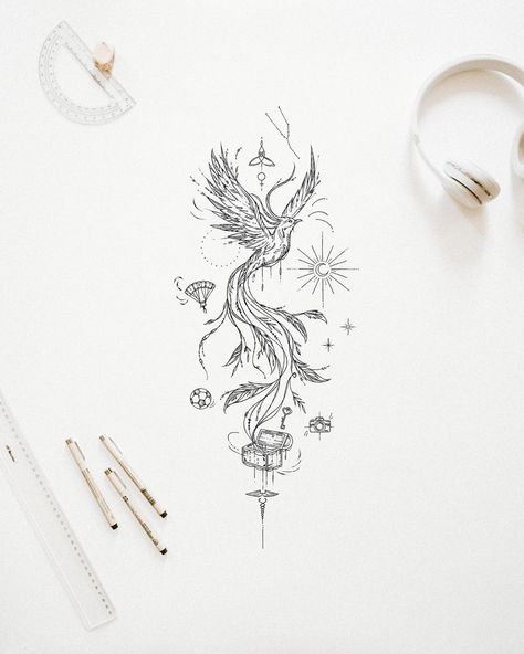 Phoenix Tattoo Linework, Phoenix Tattoo Line Art, Phoenix Tattoo Fine Line, Phoenix Drawing Simple, Phoenix Tattoo Minimalist, Phoenix Spine Tattoo, Simple Phoenix Tattoo Feminine, Fine Line Phoenix Tattoo, Fenix Tattoo Design