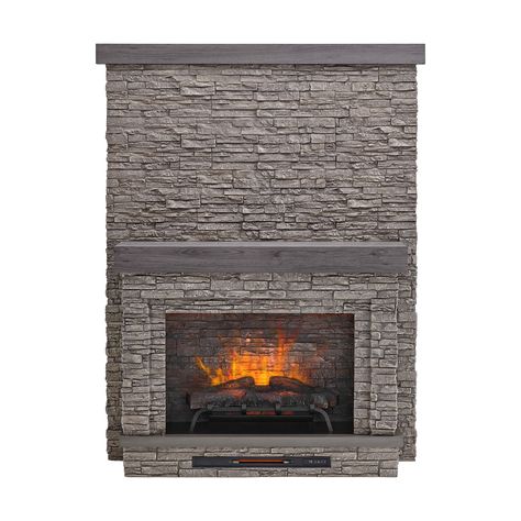 Transform your living room, family room or bedroom into a stylish and functional home theater with this allen + roth electric media fireplace. The gray faux stacked stone mantel features a matching back wall that makes the total height 83 inches, allowing you to mount a flat screen TVs up to 70-in (diagonally) without damaging the existing wall. LED downlights on the mantel shelf can be turned on to illuminate the mantel and firebox below. The innovative electric insert has a realistic LED log s Faux Stacked Stone, Wall Electric Fireplace, Faux Stone Fireplaces, Media Fireplace, Electric Fireplace Wall, Stacked Stone Fireplaces, Stone Mantel, Stone Accent Walls, Electric Fireplaces