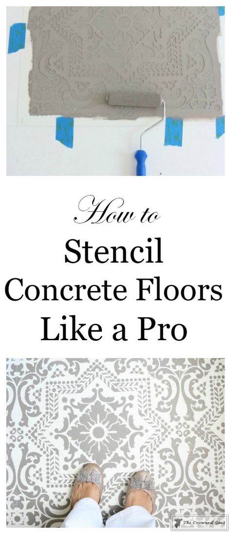 How to Stencil a Concrete Floor Like a Pro - The Crowned Goat Stenciled Concrete Floor, Painting Patio Furniture, Diy Concrete Patio, Concrete Stain Patio, Paint Concrete Patio, Stencil Concrete, Grey Laundry Rooms, Painted Concrete Floors, Concrete Patios