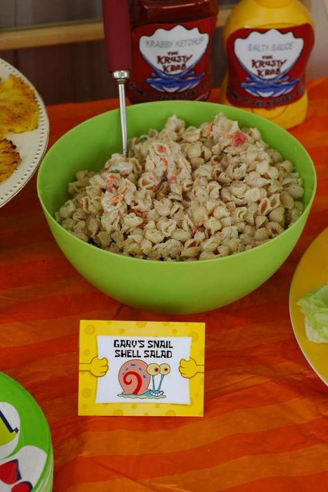 Leighton Squarepants turns 3! | CatchMyParty.com Sponge Bob Food Ideas, Spongebob Themed Food Labels, Spongebob Second Birthday Party, Sponge Bob Birthday Party Ideas Food, Spongebob 25th Birthday Party Food, Spongebob Party Food Labels, Spongebob 21st Birthday Party, Spongebob Themed Party Food, Spongebob 3rd Birthday Party Ideas