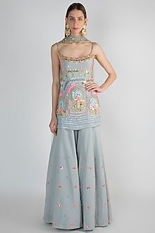 Buy Papa Don't Preach by Shubhika Designer Lehengas, Saree Grey Sharara, Haldi Outfit Ideas, Papa Don't Preach, Embroidered Sharara, Sharara Designs, Haldi Outfit, Trendy Outfits Indian, Indian Outfits Lehenga, Nikkah Dress