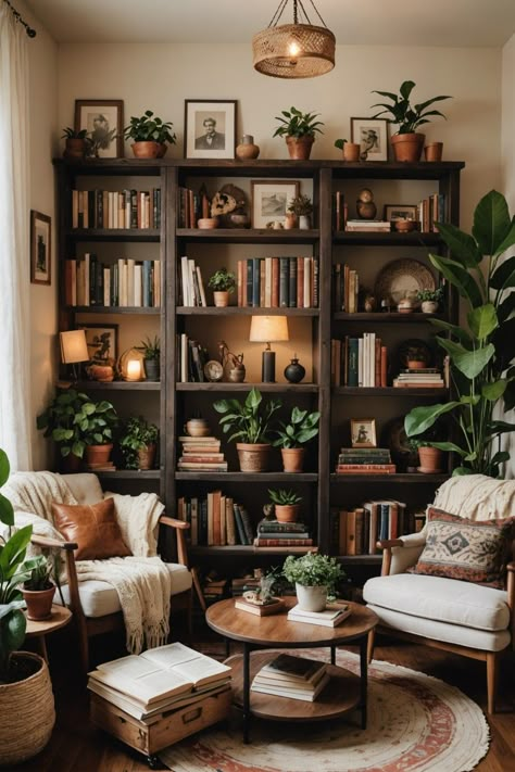 21 Dark Boho Living Room Ideas – The Dear Lab Library Living Room Apartment, Plant Themed Living Room Apartment, Boho Urban Living Room, Interior Design Living Room Bookshelves, Home Plant Room, Dark Wood Boho Living Room, Earthy Artsy Living Room, Tiny Moody Living Room, Den Designs Ideas Cozy