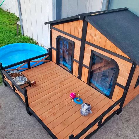 Outdoor Double Doghouse With a Deck Double Dog House, Luxury Dog House, Wood Dog House, Modern Dog Houses, Wooden Dog House, Outdoor Dog House, Large Dog House, Cool Dog Houses, Vinyl Doors