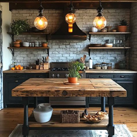 9+ Industrial Kitchen Island Ideas for Small Kitchens with Urban Flair • 333+ Inspiring Lifestyle Ideas Rustic Industrial Kitchen Island, Industrial Apartment Kitchen, Industrial Kitchen Island Ideas, Small Industrial Kitchen, Island Ideas For Small Kitchens, One Wall Kitchen With Island, Industrial Loft Kitchen, Farmhouse Industrial Kitchen, Industrial Kitchens