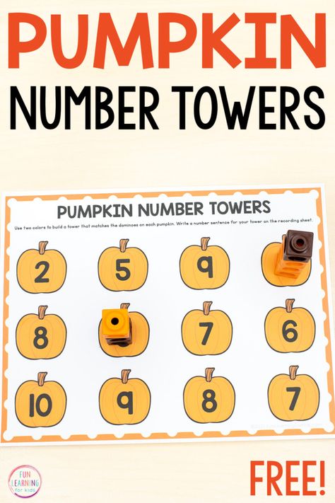 This free pumpkin number towers math activity is perfect for learning one-to-one correspondence, counting, and beginning addition skills this fall! Pie Math, Pumpkin Math Activities, Pumpkins Preschool, October Math, Fall Math Activities, Ocean Exploration, Pumpkin Math, Halloween Math Activities, Fall Preschool Activities