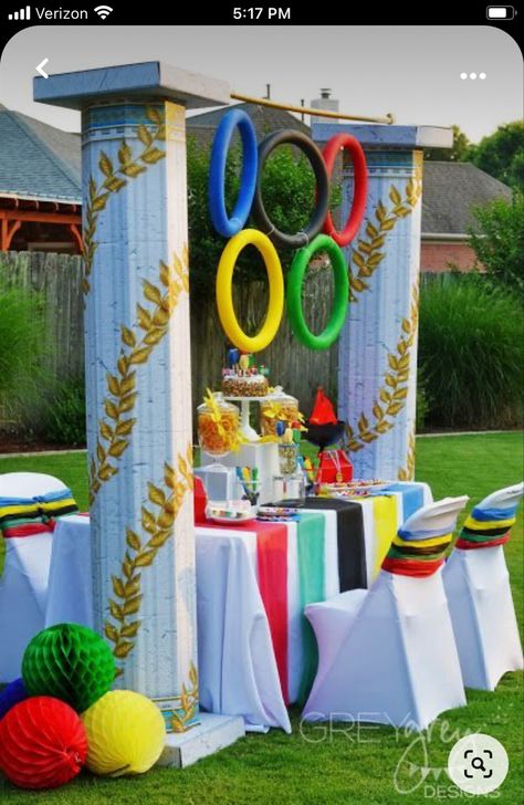 Olympic Birthday Party, Beer Olympics Party, Olympic Party Decorations, Summer Olympics Party, Sports Day Decoration, Vbs Olympics, Office Olympics, Olympics Decorations, Olympic Theme Party