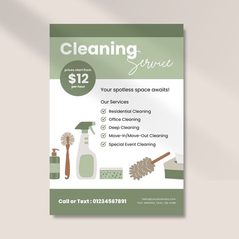 Cleaning Services Flyer  Attract new customers and clients with your services and prices with this easy to edit flyer.  Size of template: 14.8 x 21 cm (A5)  HOW IT WORKS: 1. Complete your purchase 2. Download the pdf document that comes with the purchase 3. Follow the links on the pdf to access your template on Canva, the graphic design platform 4. Log into (or set up) Canva account 5. Edit your template in Canva and download  6. Print at home or via a print shop Please note, no physical product Cleaning Business Flyers Ideas, Cleaning Flyer Ideas, Housekeeping Flyer, Cleaning Brochure, Cleaning Services Flyer, Housekeeping Business, Services Brochure, Cleaning Flyers, Cleaning Service Flyer