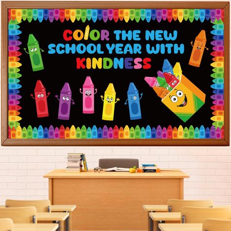 PRICES MAY VARY. PACKAGE INCLUDES - This crayon themed bulletin board decorations set includes a 'COLOR THE NEW SCHOOL YEAR WITH KINDNESS' letter cutout set, 42 pieces of crayon theme bulletin board cutouts, 1pieces of crayon box cutout, 16 pieces of crayon bulletin board borders, and comes with 60 glue points. The ample quantities enable you to exercise your creativity, freely mixing and matching elements to transform your space into a vibrant, colorful world. CRAYON CLASSROOM DECORATIONS - Des Bulliten Border Ideas, Cocomelon Classroom Theme, Unbeleafable Bulletin Board, Crayon Door Decorations Classroom, Crayon Box Bulletin Board, Crayon Classroom Theme Decor, Back To School Bulletin Boards Preschool, Welcome Back To School Bulletin Boards, Crayon Decor