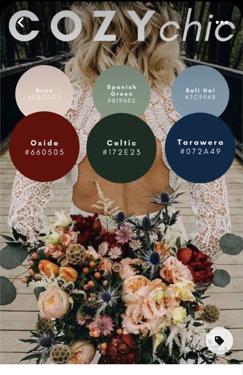 Boho Wedding Color Schemes Fall, Cozy Chic Wedding Colors, Deep Winter Color Palette Wedding, Elopement Color Schemes, Bohemian Wedding Theme Color Palettes, Wedding Colour Palettes 2023, Cozy Chic Wedding, Fall Wedding Color Palette 2023, Boho Colors Wedding