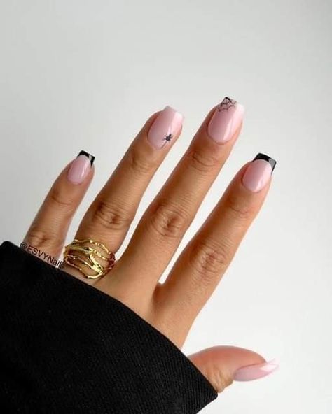 Black Biab Nail Art, Classy And Simple Nails, Black Halloween Nails Short Square, Subtle Halloween Nails Square, Simple Halloween Nails French Tip, Halloween Short Square Nails, Square Halloween Nails Short, Soft Halloween Nails, Short Square Acrylic Nails Halloween