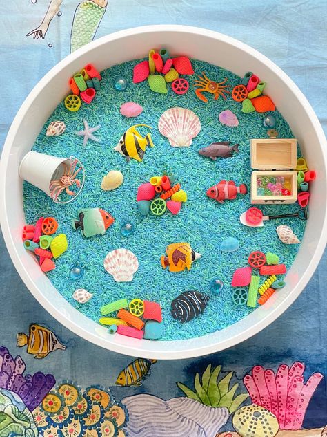 Dried Chickpeas Ocean Sensory Bin - In The Playroom Chickpea Sensory Bin, Sensory Bin Summer, Under The Sea Sensory Bin, Beach Sensory Bin, Summer Sensory Bin, Under The Sea Sensory, Ocean Sensory Bin, Sensory Bins For Toddlers, Summer Sensory