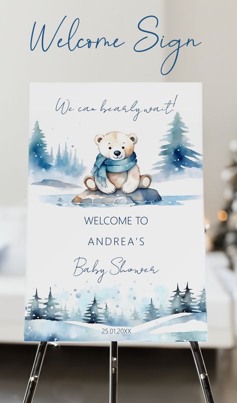 Polar bear winter bearly wait baby shower template  welcome sign board personalized entrance decor Polar Bear Baby Shower Theme, Polar Bear Baby Shower, Bear Baby Shower Theme, Bearly Wait, Baby Shower Templates, Teddy Bear Baby Shower, Sign Board, Baby Shower Winter, Baby Bear Baby Shower