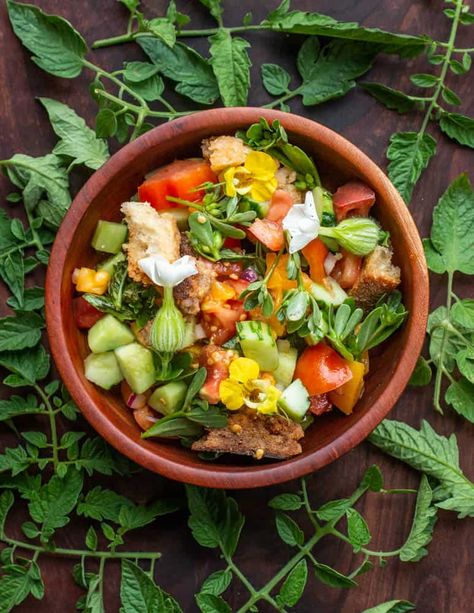 Heirloom Tomato-Purslane Panzanella Salad Purslane Recipe, Heirloom Tomato Recipes, Vinegar Cucumbers, Panzanella Salad, Tomato Season, Recipes Summer, Lemon Basil, Stale Bread, Heirloom Tomato