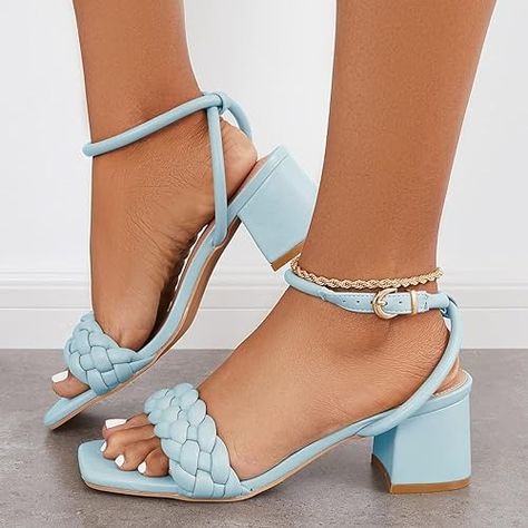 Amazon.com | Rilista Women's Braided Heeled Sandals Square Open Toe Ankle Strap Heels Comfortable Chunky Low Heel Sandal Shoes | Heeled Sandals Heels Comfortable, Ankle Strap Chunky Heels, Pastel Red, Sandal Shoes, Low Heel Sandals, Heel Sandal, Ankle Strap Heels, Heeled Sandals, Strap Heels