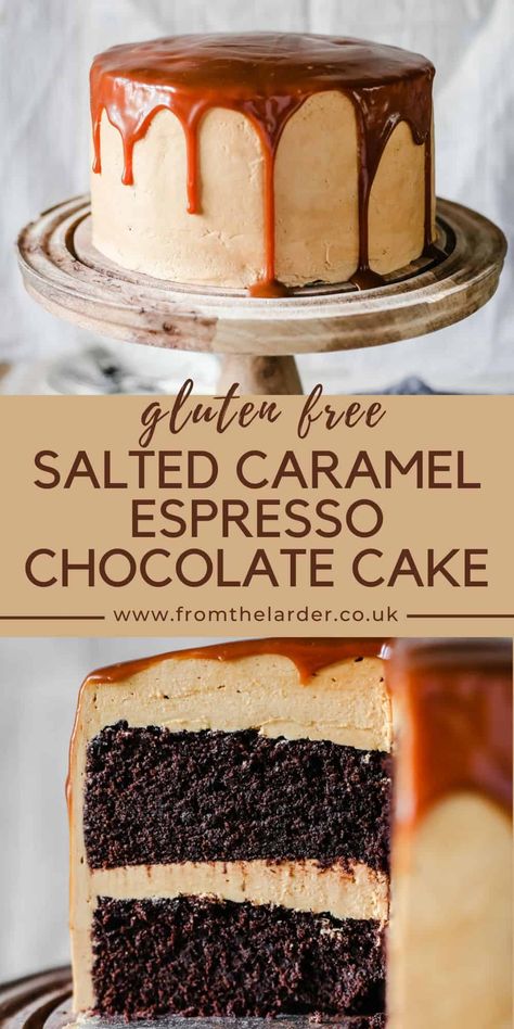 Espresso Chocolate Cake, Chocolate Cake With Salted Caramel, Salted Caramel Buttercream, Chocolate Espresso Cake, Espresso Cake, Homemade Salted Caramel, Gluten Free Chocolate Recipes, Caramel Buttercream, Meringue Buttercream