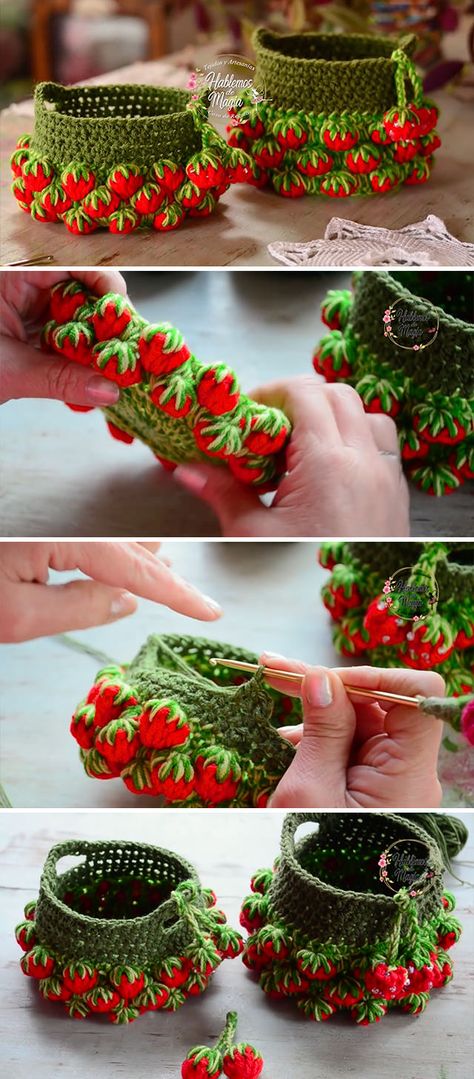 Crochet Strawberries, شال كروشيه, Crochet Mignon, Crochet Strawberry, Confection Au Crochet, Crochet Braid, Crochet Basket Pattern, Crochet Simple, Fun Crochet Projects