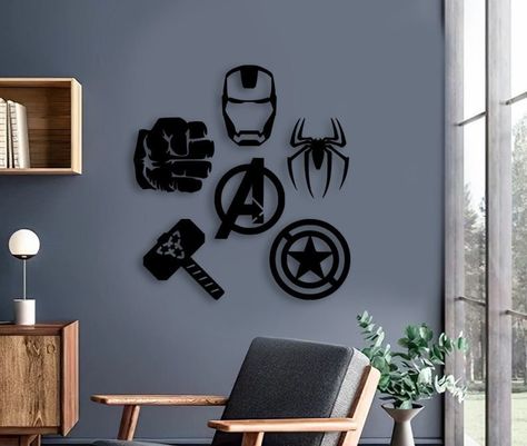 Marvel Avengers Sets of 6 Wood Wall Art Nursery Wooden Home - Etsy Marvel Wall Decal, Spiderman Painted Dresser, Modern Avengers Bedroom, Captain America Nursery, Marvel Teenage Bedroom, Avenger Room Decor Bedroom Ideas, Marvel Kids Bedroom Modern, Avengers Diy Decorations, Neutral Marvel Bedroom