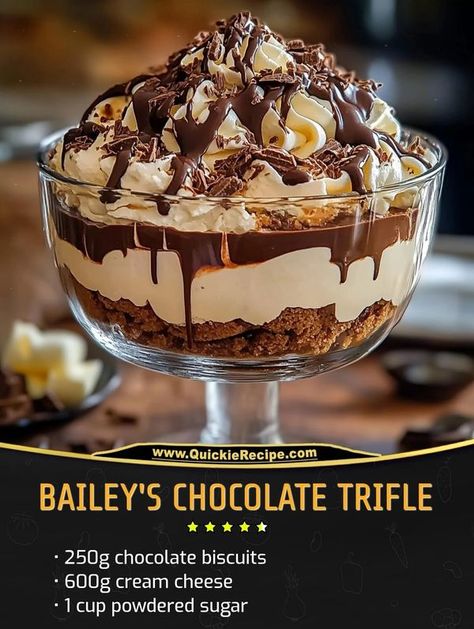 Last minute recipes | Bailey's Chocolate Trifle | Facebook Baileys Trifle Desserts, Bailey’s Chocolate Cheesecake Truffle, Baileys Chocolate Cheesecake Trifle, Baileys Trifle Recipes, Baileys Recipes Desserts, Baileys Trifle, Last Minute Recipes, Cheesecake Trifle, Baileys Recipes