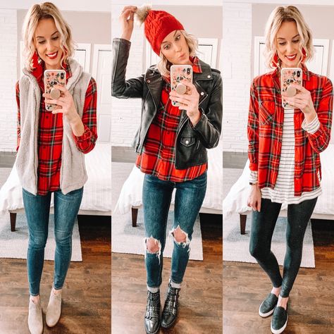 5 Ways to Style a Red Flannel Shirt for the Holidays - Straight A Style Red Plaid Flannel Outfit, Red And Black Flannel Outfit, Winter Flannel Outfits, Christmas Day Outfit Casual, Red Flannel Shirt Outfit, Red Flannel Outfits, Red Plaid Shirt Outfit, Ways To Wear A Flannel Shirt, Ways To Wear A Flannel