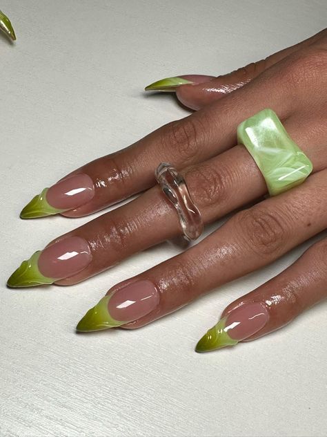 Airbrush French Nails Ombre, Nails Acrylic Lime Green, Different Styles Of French Tip Nails, Nude Aura Nails, Lime Green French Tip Nails, Multi Colored French Tip Nails, Nails Lime Green, Green French Tip Nails, Green French Tip