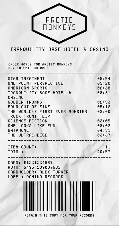 Tranquility Base Hotel & Casino receipt. Tranquility Base Hotel And Casino, Monkey Room, Tranquility Base, Arctic Monkeys Wallpaper, Monkey Wallpaper, Monkey 3, Artic Monkeys, Scrapbook Stickers Printable, I Call You