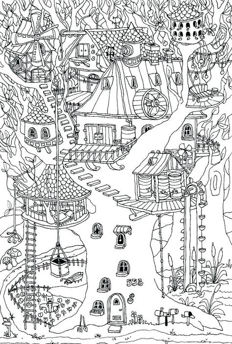 Treehouse Coloring Pages - Best Coloring Pages For Kids Colouring Art Therapy, House Colouring Pages, Picture Tree, Zen Tangle, Magic Treehouse, Detailed Coloring Pages, Adult Colouring Pages, 흑백 그림, Colouring Techniques